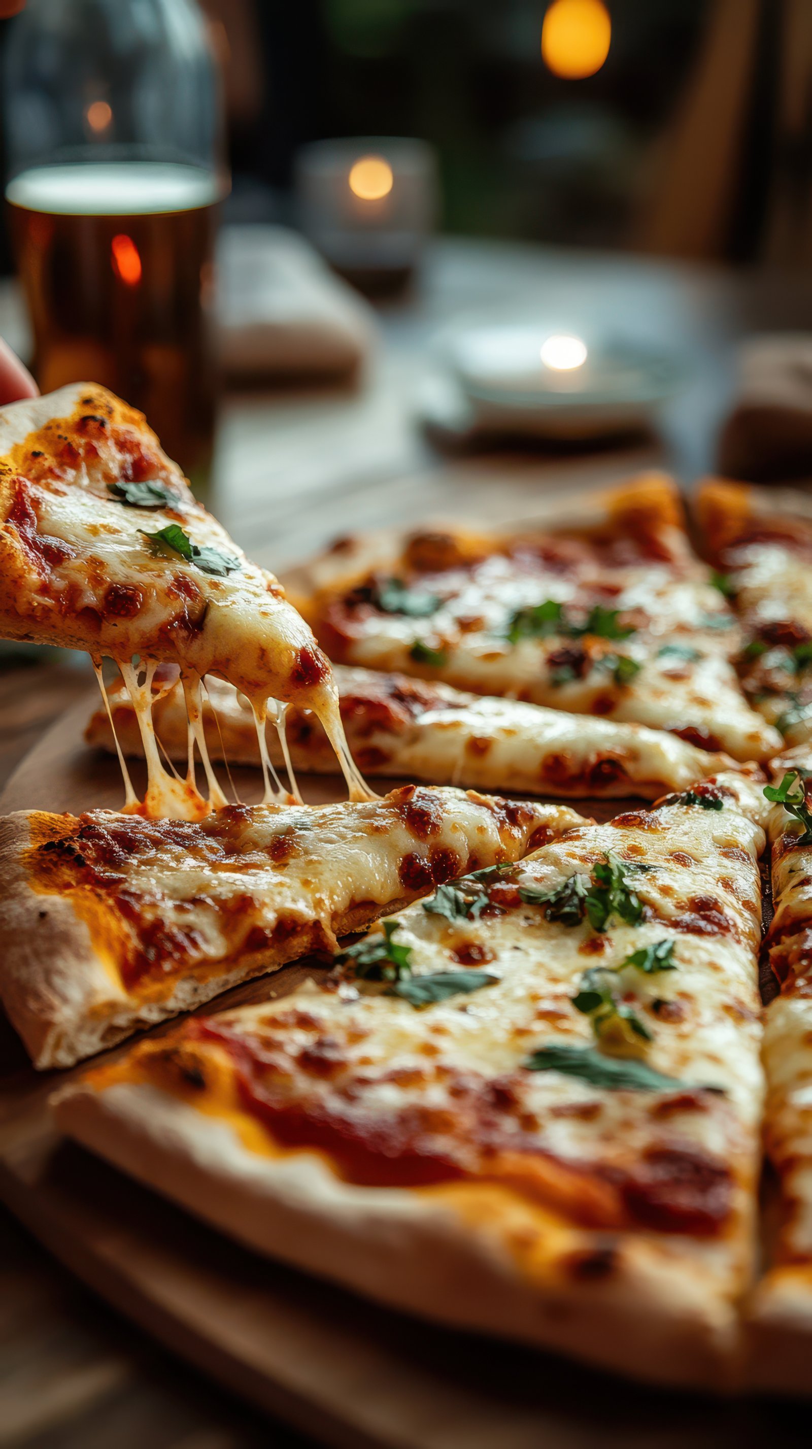 Delicious cheese pizza slices with melted cheese and herbs served in a cozy setting